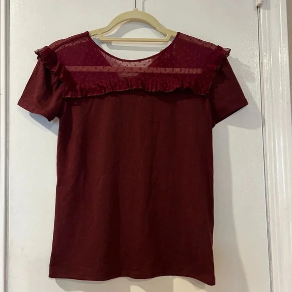 Tops - Maison Jules Women’s Top Swiss Dot Short- Sleeve Burgundy XS